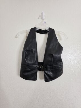 Windsor Faux Leather Halter Top Buckle Waist Backless Medium AS IS